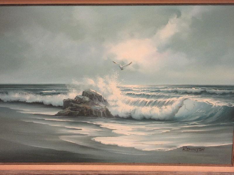 Rolling Wave Beach Scene w/ Seagull Original Artwork on Canvas Artist Signed Remington