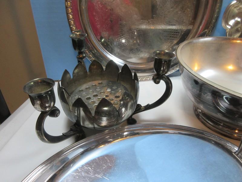Lot Silverplate Trivet, Serving Utensils, Covered Butter Dish, Engraved Trays, Covered Oval