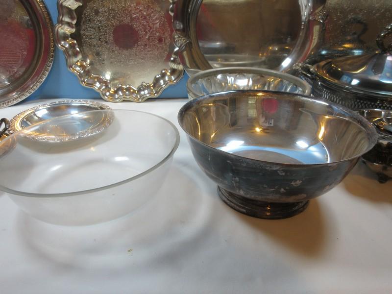 Lot Silverplate Trivet, Serving Utensils, Covered Butter Dish, Engraved Trays, Covered Oval