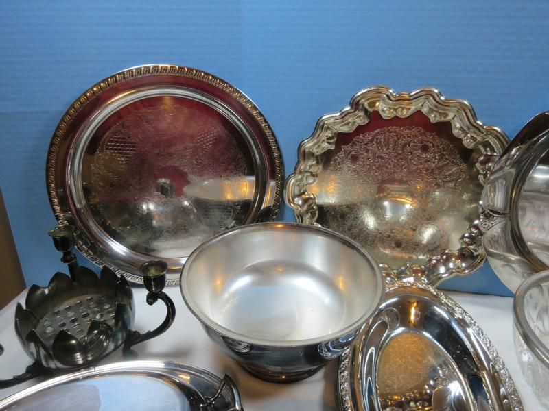 Lot Silverplate Trivet, Serving Utensils, Covered Butter Dish, Engraved Trays, Covered Oval