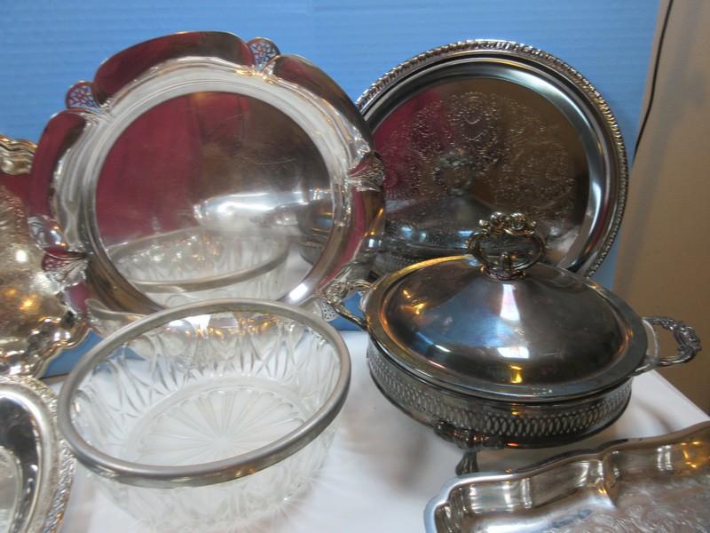 Lot Silverplate Trivet, Serving Utensils, Covered Butter Dish, Engraved Trays, Covered Oval