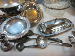 Lot Silverplate Trivet, Serving Utensils, Covered Butter Dish, Engraved Trays, Covered Oval