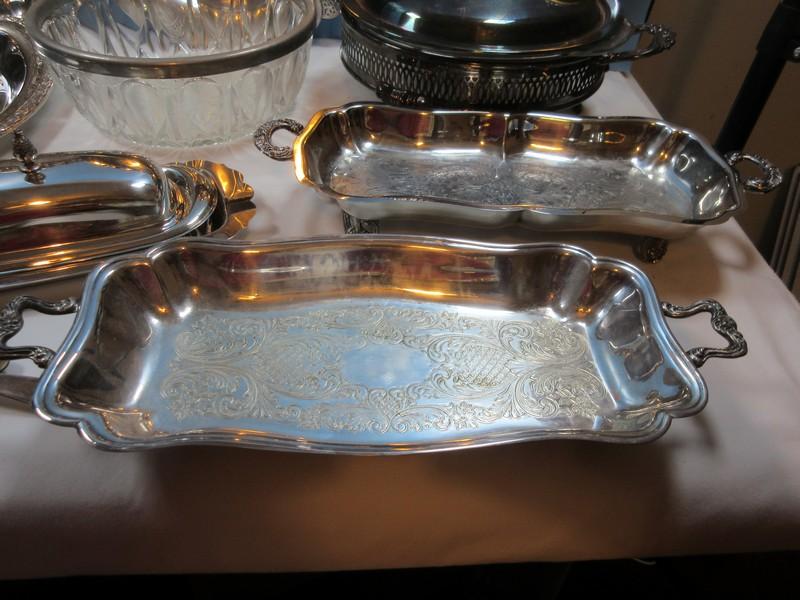 Lot Silverplate Trivet, Serving Utensils, Covered Butter Dish, Engraved Trays, Covered Oval