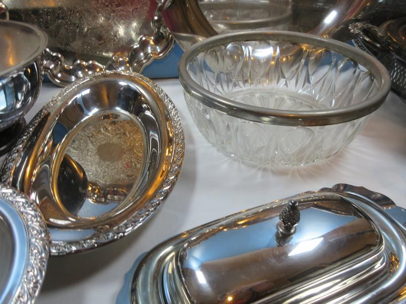 Lot Silverplate Trivet, Serving Utensils, Covered Butter Dish, Engraved Trays, Covered Oval