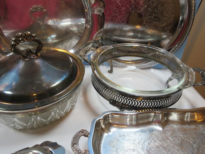 Lot Silverplate Trivet, Serving Utensils, Covered Butter Dish, Engraved Trays, Covered Oval
