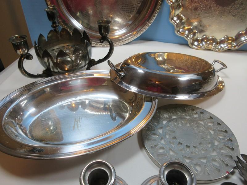 Lot Silverplate Trivet, Serving Utensils, Covered Butter Dish, Engraved Trays, Covered Oval