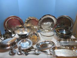 Lot Silverplate Trivet, Serving Utensils, Covered Butter Dish, Engraved Trays, Covered Oval