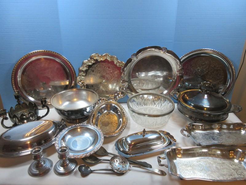 Lot Silverplate Trivet, Serving Utensils, Covered Butter Dish, Engraved Trays, Covered Oval