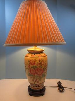 Semi Porcelain 28" Vase Form Table Lamp on Simulated Wooden Footed Base Oriental