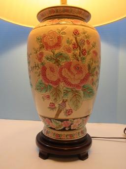 Semi Porcelain 28" Vase Form Table Lamp on Simulated Wooden Footed Base Oriental