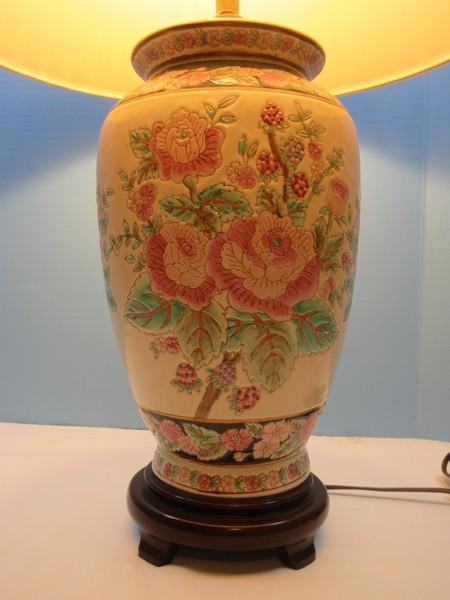 Semi Porcelain 28" Vase Form Table Lamp on Simulated Wooden Footed Base Oriental