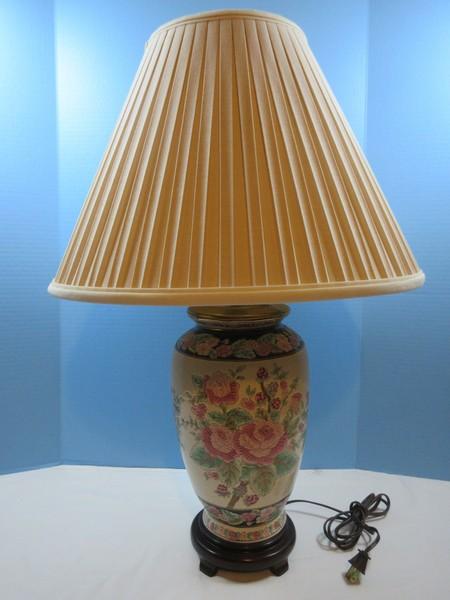 Semi Porcelain 28" Vase Form Table Lamp on Simulated Wooden Footed Base Oriental