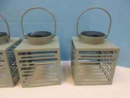 New Set of 4 Solar LED Lantern Green Sage Metal Hanging Lantern Modern Slat Design 6"H