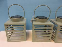 New Set of 4 Solar LED Lantern Green Sage Metal Hanging Lantern Modern Slat Design 6"H