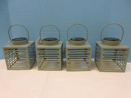 New Set of 4 Solar LED Lantern Green Sage Metal Hanging Lantern Modern Slat Design 6"H
