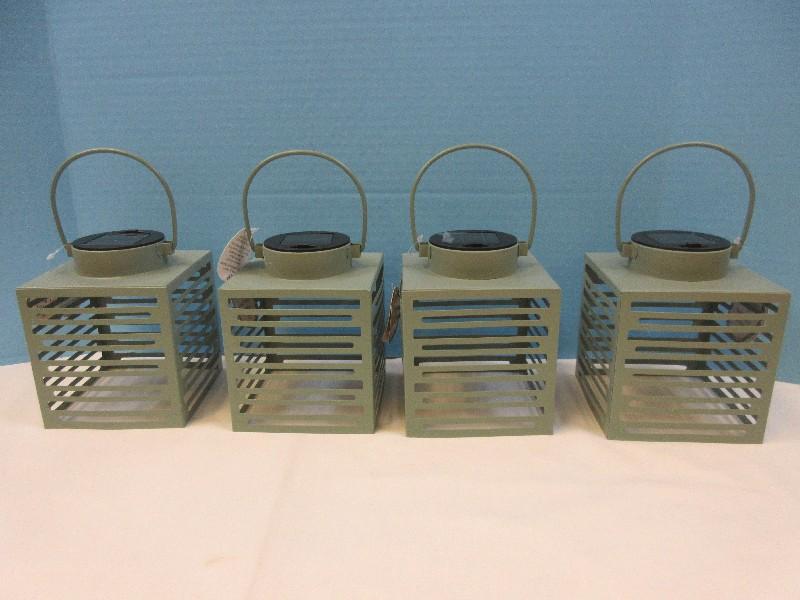 New Set of 4 Solar LED Lantern Green Sage Metal Hanging Lantern Modern Slat Design 6"H
