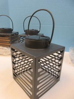 New Set of 4 Solar LED Lantern Gray Matte Metal Hanging Lantern Modern slat Design 6"H