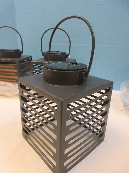 New Set of 4 Solar LED Lantern Gray Matte Metal Hanging Lantern Modern slat Design 6"H