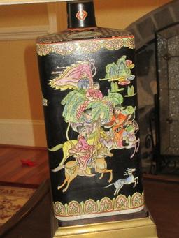 Elegant Chinoiserie Porcelain Vase Form 32" Table Lamp on Brass Base Hand Painted Hunt