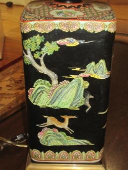 Elegant Chinoiserie Porcelain Vase Form 32" Table Lamp on Brass Base Hand Painted Hunt