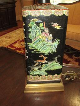 Elegant Chinoiserie Porcelain Vase Form 32" Table Lamp on Brass Base Hand Painted Hunt