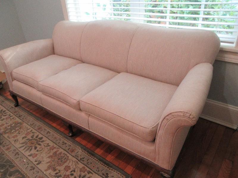 Depression Era Style Sofa Flared Arms Mahogany Trim & Legs 32"H x 76"