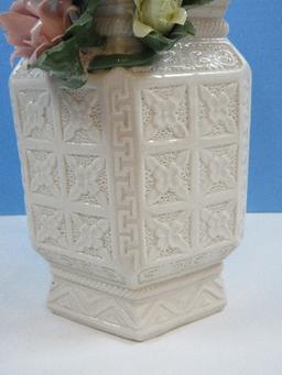 Chinoiserie Semi Porcelain Hexagonal Embossed Flower Panel Basket w/Hand Crafted Floral