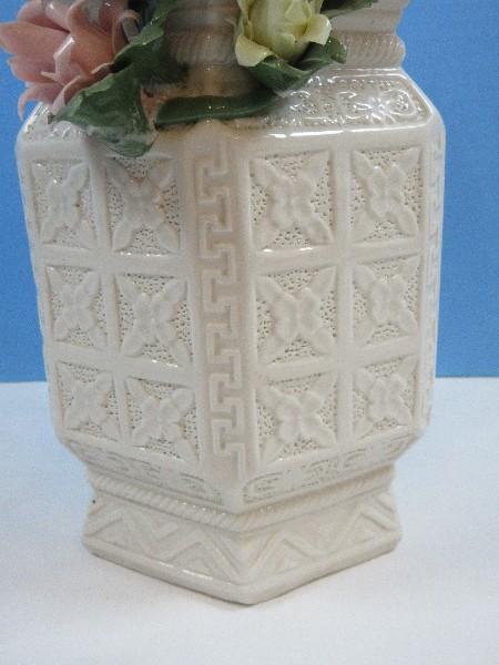 Chinoiserie Semi Porcelain Hexagonal Embossed Flower Panel Basket w/Hand Crafted Floral
