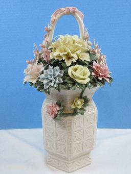 Chinoiserie Semi Porcelain Hexagonal Embossed Flower Panel Basket w/Hand Crafted Floral