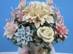 Chinoiserie Semi Porcelain Hexagonal Embossed Flower Panel Basket w/Hand Crafted Floral