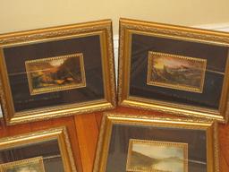 Lot Artwork Prints Set 6 Landscape Scenes Ornate Scrollwork Beaded Trim Frames, 3 Vintage