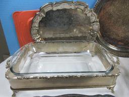 Silverplate Serving Pieces Footed Dish, Leonars 15" D Engraved Tray, Rogers Fan Design Oval