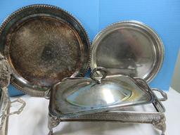 Silverplate Serving Pieces Footed Dish, Leonars 15" D Engraved Tray, Rogers Fan Design Oval
