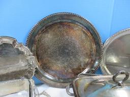 Silverplate Serving Pieces Footed Dish, Leonars 15" D Engraved Tray, Rogers Fan Design Oval