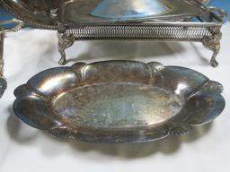 Silverplate Serving Pieces Footed Dish, Leonars 15" D Engraved Tray, Rogers Fan Design Oval