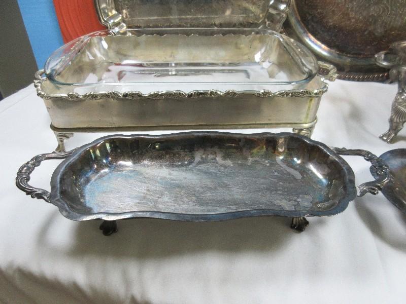 Silverplate Serving Pieces Footed Dish, Leonars 15" D Engraved Tray, Rogers Fan Design Oval