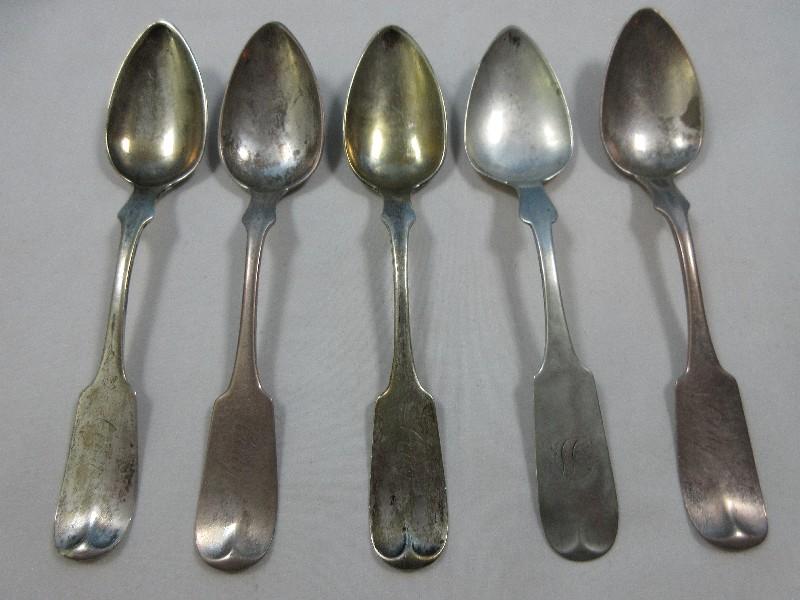 5 Antique Coin Silver Fiddle Thread Teaspoons w/Monogram & 4 Cody
