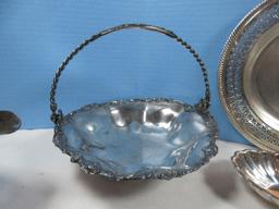 Lot Silverplate Serving Pieces Footed Bride's Basket Swing Handle, Reticulated 10 1/4"D Shallow
