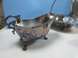 Lot Silverplate Serving Pieces Footed Bride's Basket Swing Handle, Reticulated 10 1/4"D Shallow