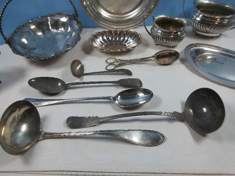 Lot Silverplate Serving Pieces Footed Bride's Basket Swing Handle, Reticulated 10 1/4"D Shallow
