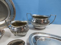 Lot Silverplate Serving Pieces Footed Bride's Basket Swing Handle, Reticulated 10 1/4"D Shallow