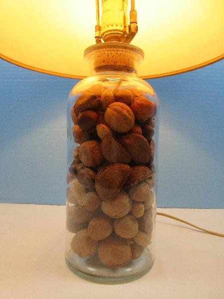 Glass Apothecary Jar w/Cork Converted 21" Accent Lamp Filled w/Misc Nuts Burlap Shade