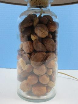Glass Apothecary Jar w/Cork Converted 21" Accent Lamp Filled w/Misc Nuts Burlap Shade