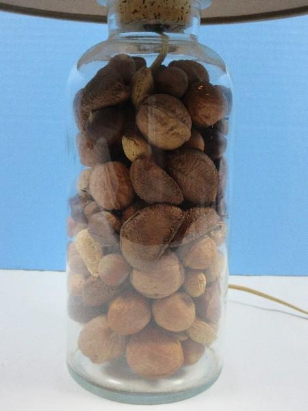 Glass Apothecary Jar w/Cork Converted 21" Accent Lamp Filled w/Misc Nuts Burlap Shade