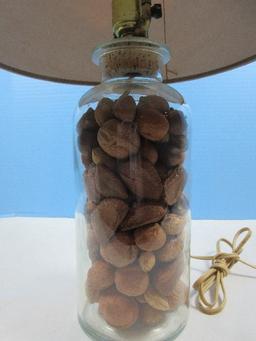 Glass Apothecary Jar w/Cork Converted 21" Accent Lamp Filled w/Misc Nuts Burlap Shade