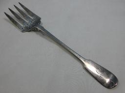 British Hallmark Sterling Silver Lion Passant Mark Fish Serving Fork Monogram- Approx 10"-