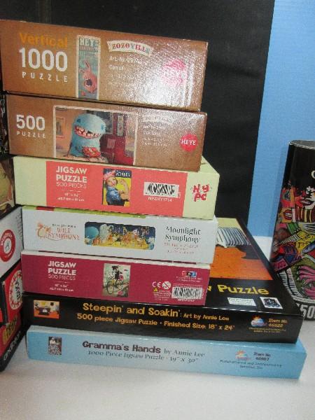 Lot 20 Various Jigsaw Puzzles and Portapuzzle Caddy Board Zozoville and Others