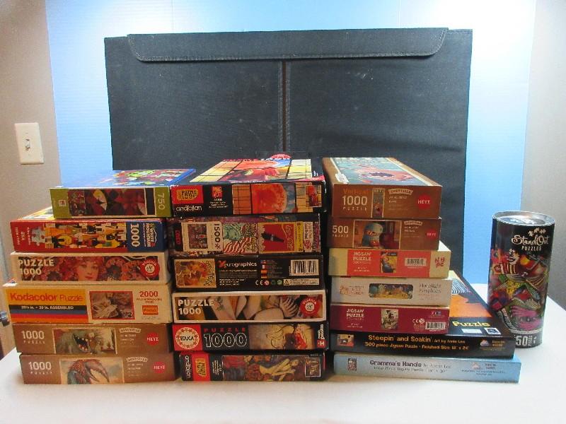 Lot 20 Various Jigsaw Puzzles and Portapuzzle Caddy Board Zozoville and Others