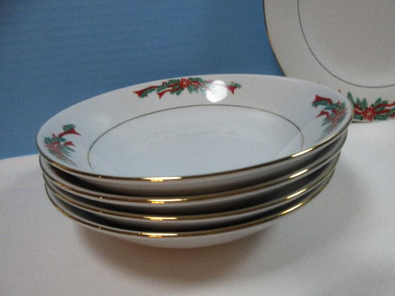 20 pcs. Fairfield Fine China Poinsettia and Ribbon w/ Greenery Pattern Christmas Dinnerware