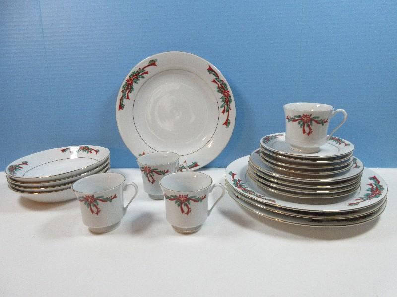 20 pcs. Fairfield Fine China Poinsettia and Ribbon w/ Greenery Pattern Christmas Dinnerware